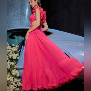 Elegant Pink Ruffled Maxi Dress